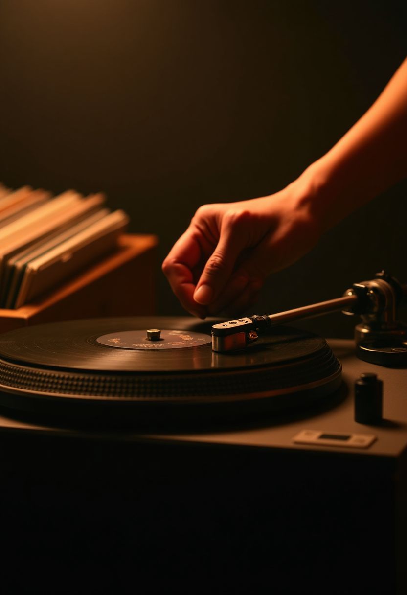 Hands on a glowing DJ mixer and turntable