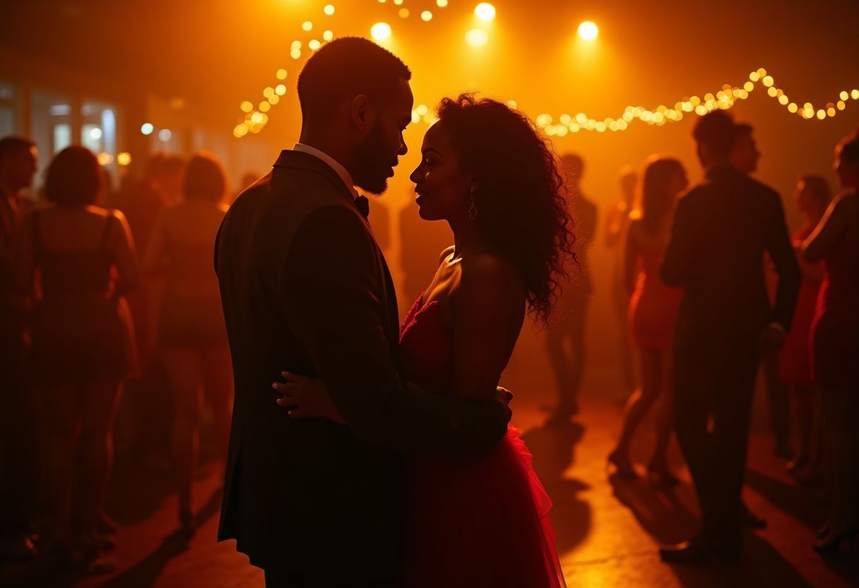 Guests dancing at an upscale wedding reception with warm golden lighting