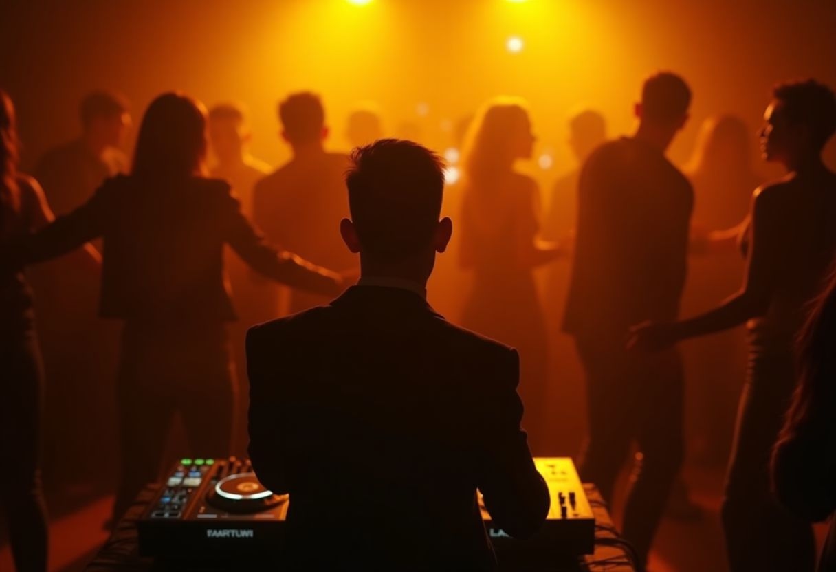 A DJ facing a full room with the crowd's hands raised under golden light